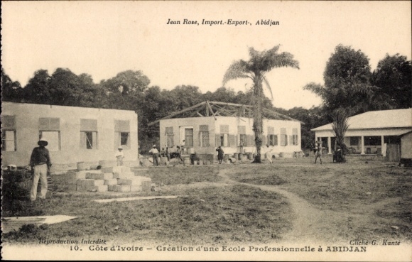 Postcard Abidjan Ivory Coast, school building, Côte d'Ivoire, people, trees