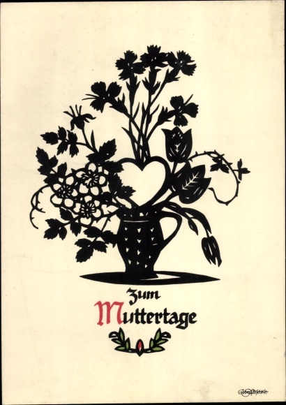 Paper cut Postcard Plischke, Georg, congratulations on Mother's Day, flowers, flower vase