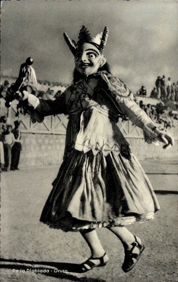 Postcard Oruro Bolivia, De la Diablada, China Sapay, folk dancer with mask