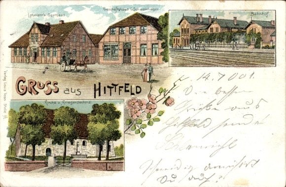 Lithograph Hittfeld Seevetal in Lower Saxony, Lohmann's Inn, train station, commercial building Schweinhagen