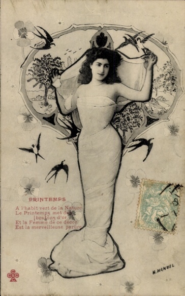 Art Nouveau painting, Spring, portrait of a Woman, Swallows, Poem