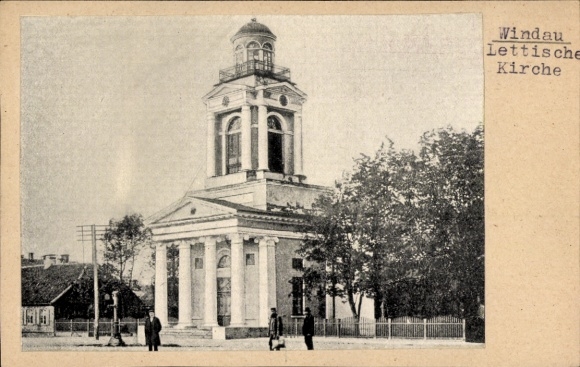 Postcard Ventspils Windau Latvia, Windau Latvian Church, black and white image, trees, people