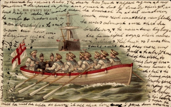 Lithograph depicting British marines in uniform, rowing boat, ship