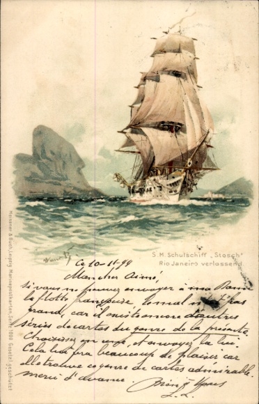 Artist Chromo-Litho Bohrdt, Hans, Sailing training ship Stosch leaving Rio de Janeiro