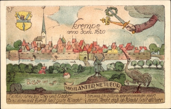 Lithograph by artist Postcard Krempe in Holstein, view of the town in the year 1620.