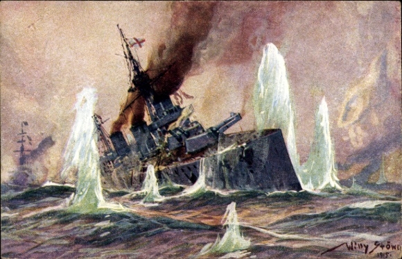 Artist Postcard Stöwer, Willy, Naval Battle in the North Sea 1915, English Battlecruiser