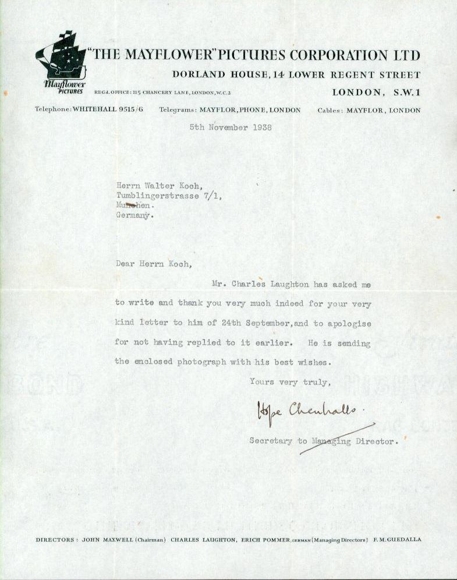 1 PC in envelope + letter, Charles Laughton, The Mayflower Pictures