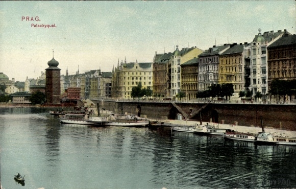 Postcard Praha Prague Czech Republic, Palackýqal, river view, buildings, boats