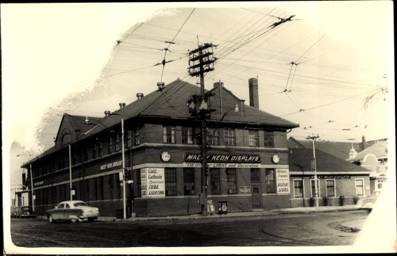 Photo Postcard USA, Light Decorations Shop, Street, Car