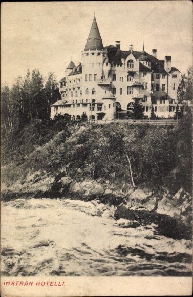 Postcard Imatra Finland, Imatran Hotelli, building on the water, forest in the background