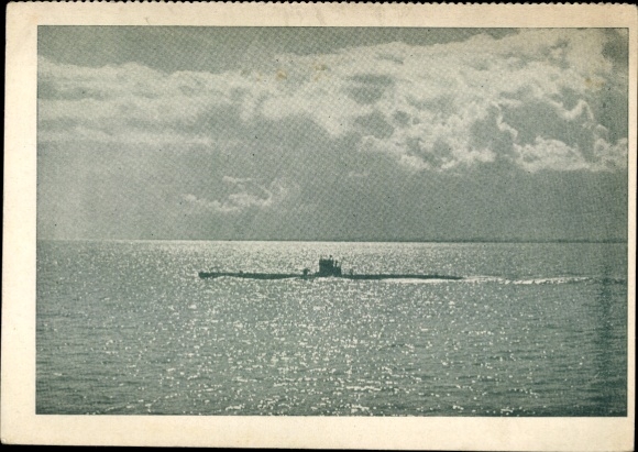 Postcard German submarine, coastal submarine S 180, German Navy, submarine at sea in heavy seas.