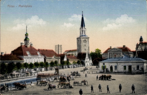 Postcard Jelgava Mitau Latvia, Mitau Market Square, buildings, people, horses, market activity