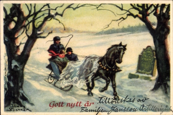 Artist Postcard Nyström, Jenny, Happy New Year, Sleigh Team