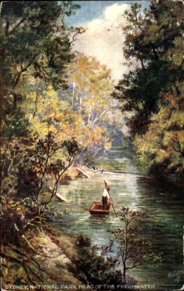 Artist Postcard Sydney Australia, National Park, Man on Raft
