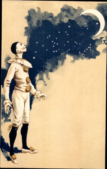 Postcard Pierrot in costume, moon, sky with stars