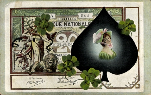 Postcard banknote, lucky clover, woman portrait, spades