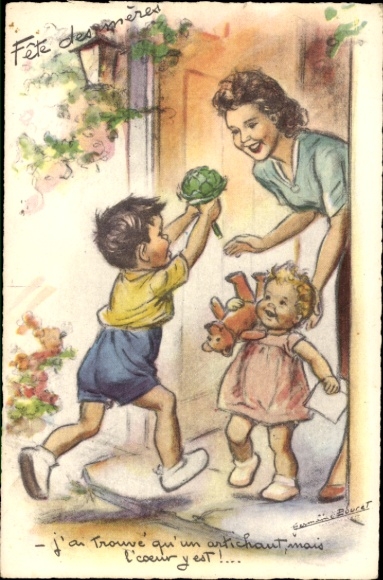 Artist Postcard Bouret, Germaine, Mother's Day, Fete des meres, boy, artichoke, girl with teddy