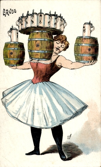 Lithograph Munich Bavaria, female innkeeper carrying beers on her breasts, muscular, puller