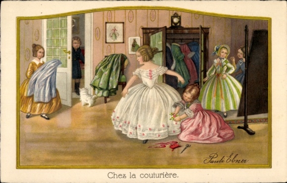 Artist Postcard Ebner, Pauli, In the fashion salon, dress fitting, seamstress