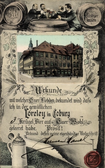 Passepartout Postcard Coburg in Upper Franconia, Gasthaus Loreley, certificate, beer