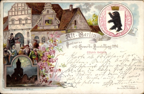 Lithograph Berlin Spandau, Spandau Gate, coat of arms, building