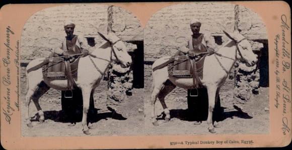 Stereoscopic photo of Cairo, Egypt, young man with donkey, Keystone View Company