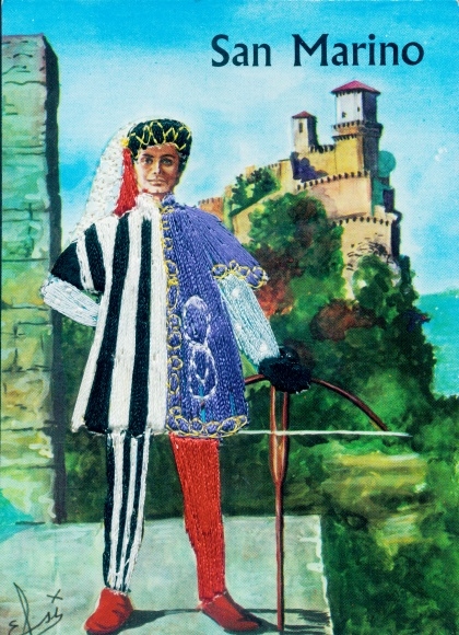 Seidenstick artist PC San Marino, man in traditional costume, castle