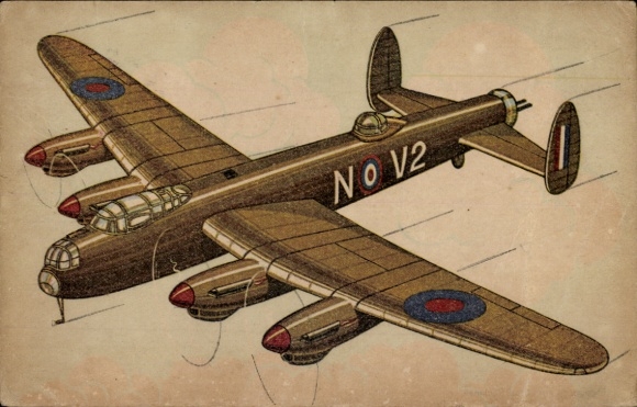 Artist Postcard De Rijckman, British military aircraft Avro Lancaster