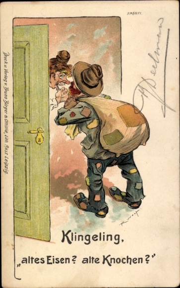 Artist Postcard Klingeling, old iron? old bones?, ragpicker, woman, BB&OL 6871