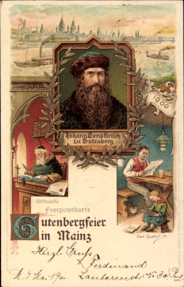 Artist's lithograph, Mainz am Rhein, Gutenberg celebration 1900, Johann Gensfleisch zu Gutenberg