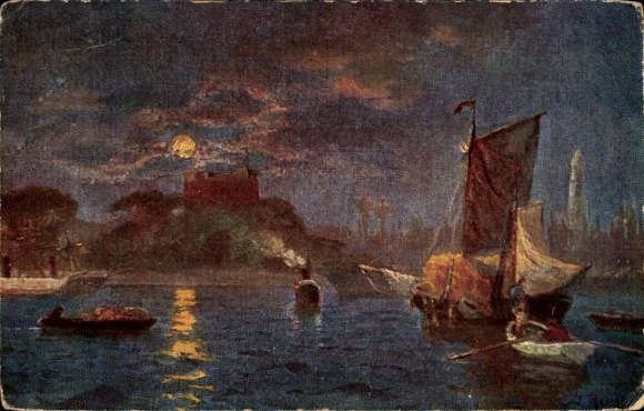 Artist Ak, Harbor Scene at Night, Boats
