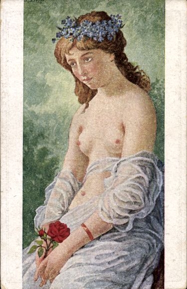 Artist Postcard Lieder, L., First Love, Female Nude, Breasts