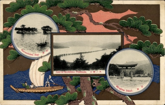 Embosser Passepartout Postcard Island Miyajima Hatskaichi Prefecture Hiroshima Japan, general view, temple