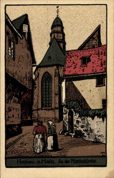 Lithograph, Hanau am Main, at St. Mary's Church