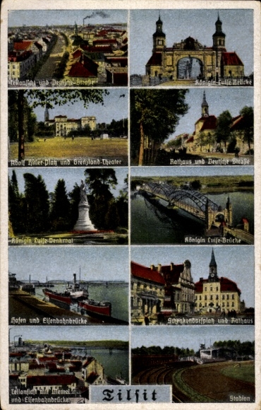 Postcard Sovetsk Tilsit East Prussia, Queen Louise Bridge, Port, Adolf Hitler Square, Stadium, Town Hall