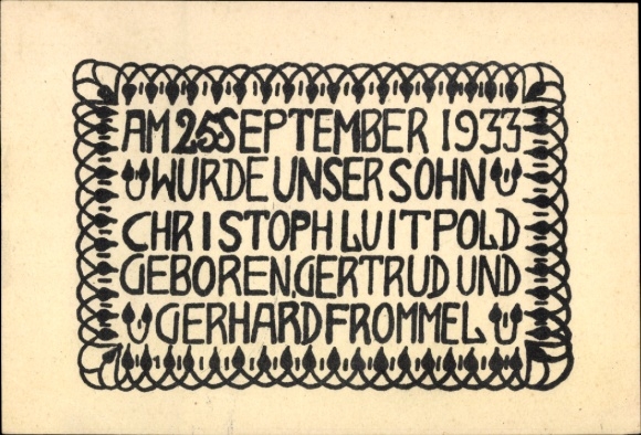 Heidelberg University Archives, birth announcement of Christoph Luitpold Frommel, September 25, 1933, Gertrud, Gerhard