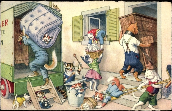 Postcard Humanized cats, moving vans, movers
