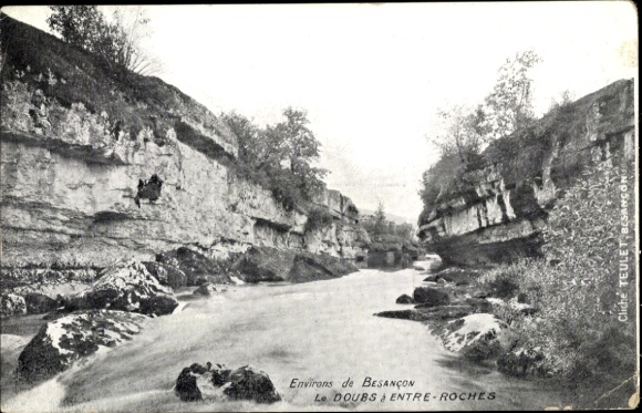 Postcard Besançon Doubs, rocks, river, trees, advertising, Comptoir General d'Horlogerie