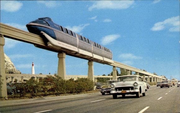 Postcard Disneyland, The Magic Kingdom, monorail, cars