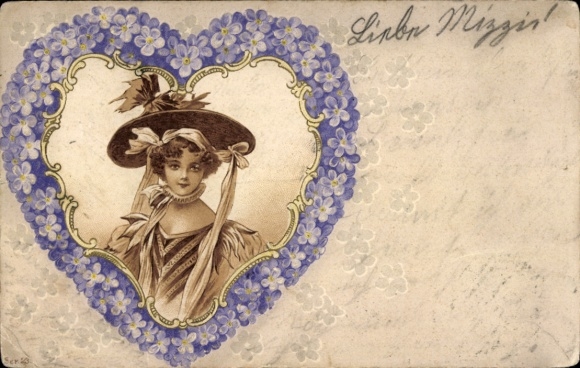 Embossed passe-partout lithograph of a woman's portrait with flowers