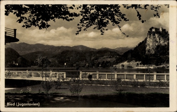 Postcard Bled Veldes Slovenia, view of lake island, Triglav, castle, mountains
