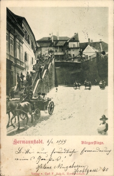Postcard Sibiu Nagyszeben Hermannstadt Romania, citizen fly, horse-drawn carriage, stairs, people