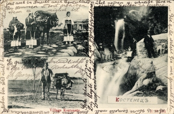 Postcard Kostenetz Bulgaria, villagers, waterfall