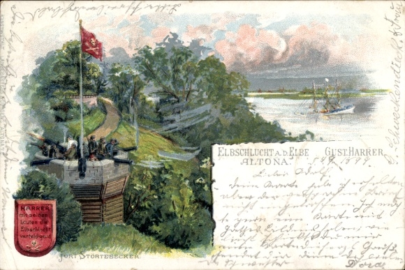 Lithograph Hamburg Altona, Elbe Gorge, tower, flag