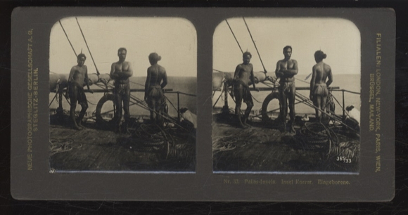 Stereo Photo Oceania, Palau Islands, Koror Island, locals at work on a ship