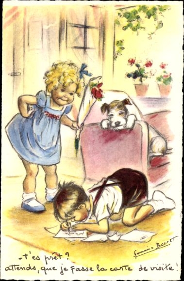 Artist Postcard Bouret, Germaine, Mother's Day, Fete des meres, children, dog
