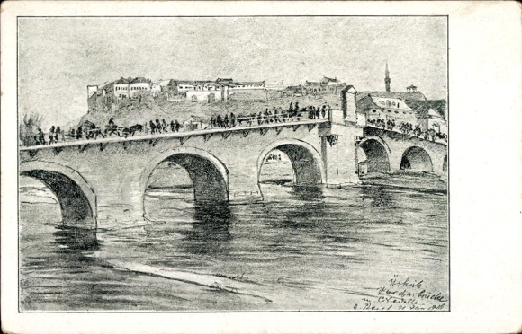 Postcard Skopje Üsküb Macedonia, bridge, water, people, landscape, Vardar Bridge, Üsküb