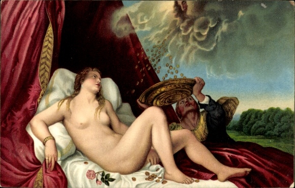 Artist Postcard Vecelli, Tiziano, Danaë receives the shower of gold, female nude