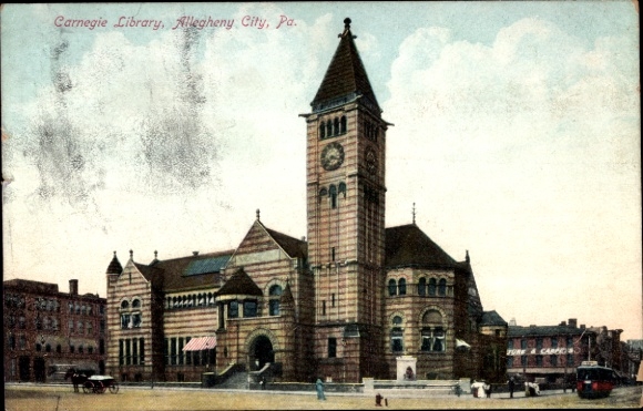 Postcard Allegheny Pennsylvania USA, Carnegie Library, clock tower, architecture