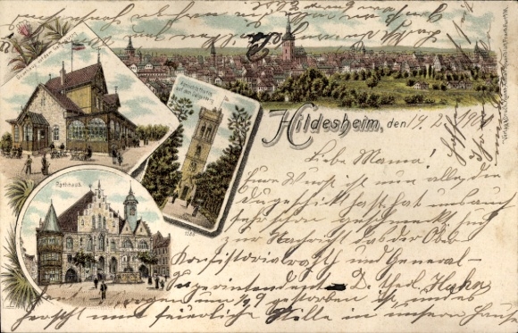Lithograph of Hildesheim in Lower Saxony, inn on the Galgenberg, observation tower, town hall, panorama
